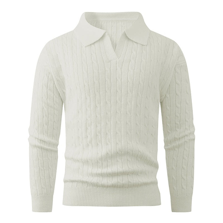 Men's Cable Knit Polo Sweater V-Neck Collared Textured Relaxed