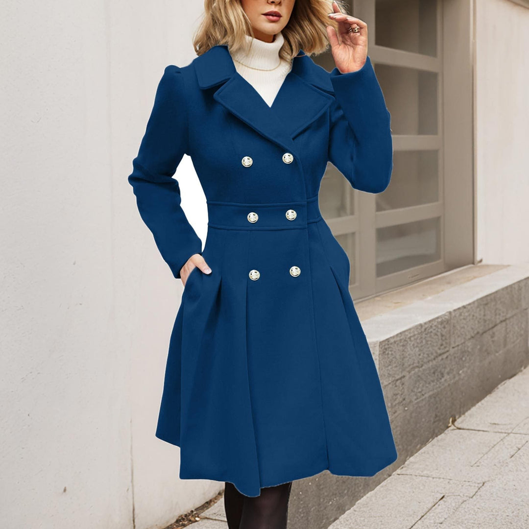 Women's Double-Breasted Fit-and-Flare Wool Coat Notch Lapel Winter Overcoat