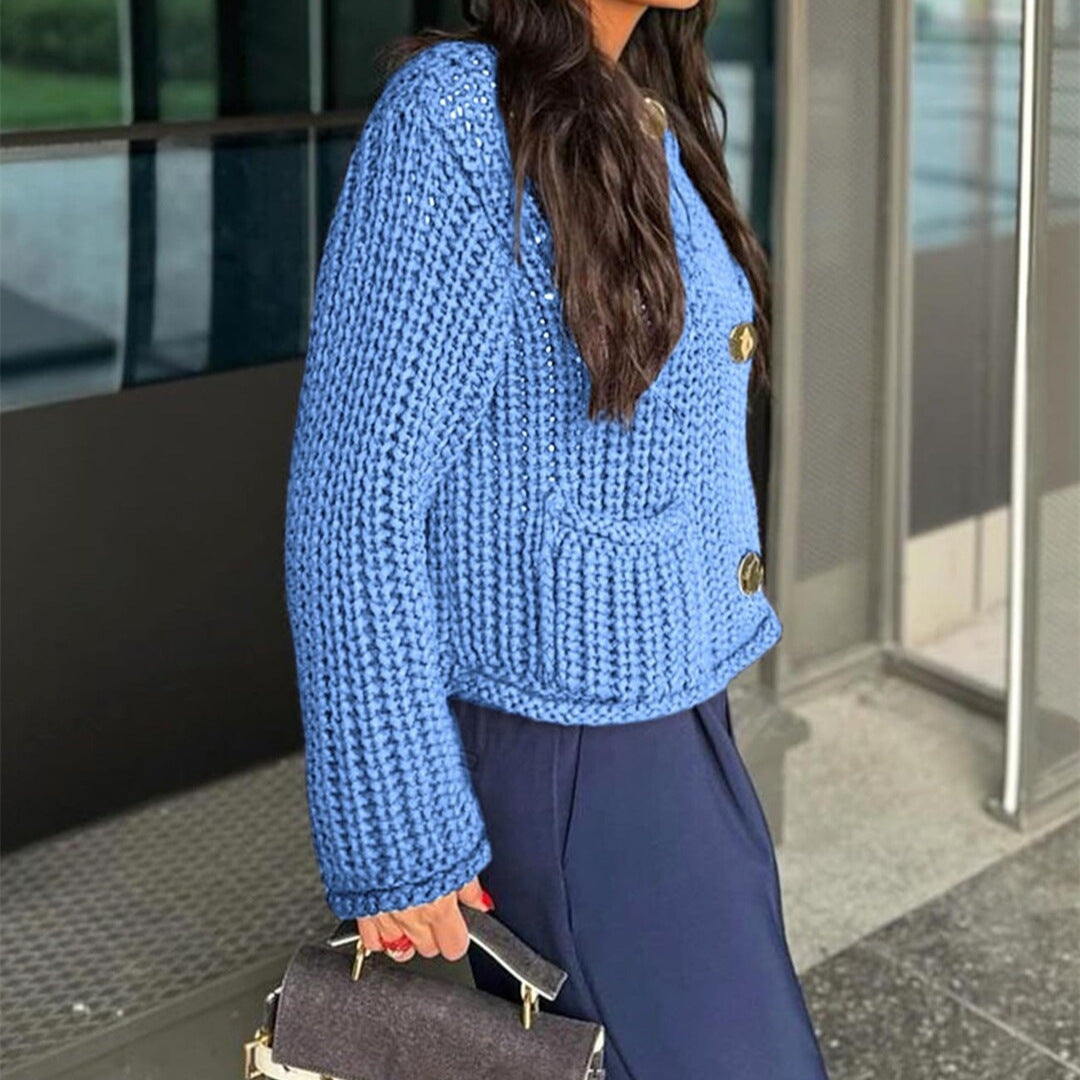 Women's Chunky Ribbed Knit Cardigan V-Neck Patch Pockets Statement Buttons