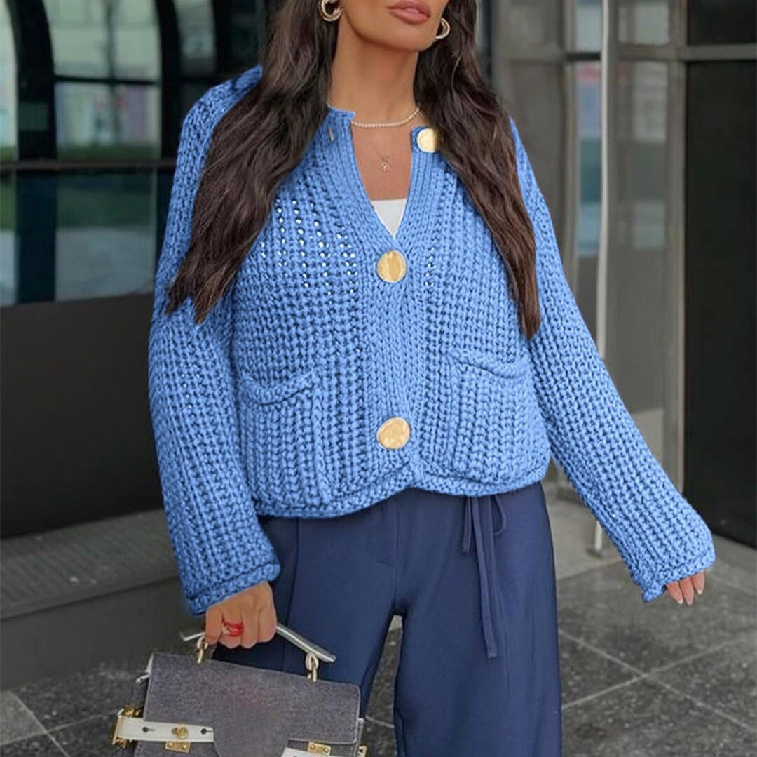Women's Chunky Ribbed Knit Cardigan V-Neck Patch Pockets Statement Buttons