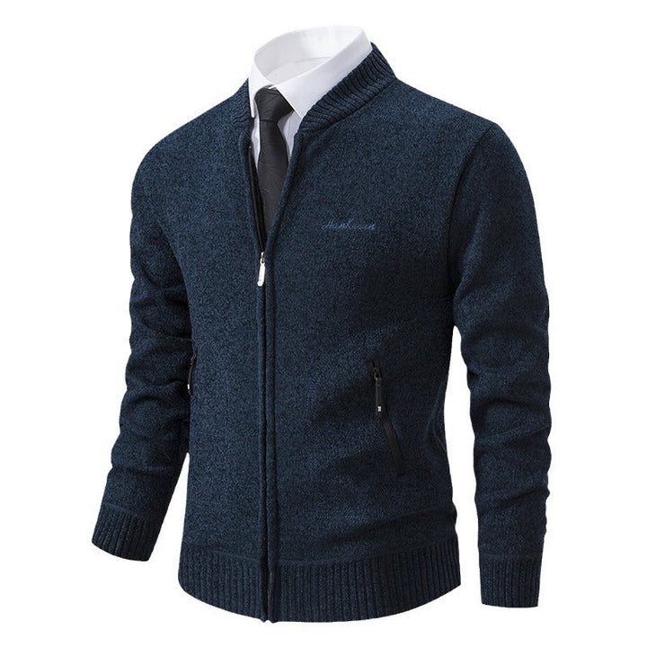 Men's Business Knit Cardigan Stand Collar Full-Zip Zip-Pocket Slim