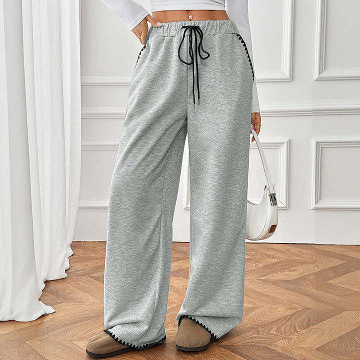Women's Wide Leg Sweatpants Whipstitch Trim Drawstring High Waist Gray