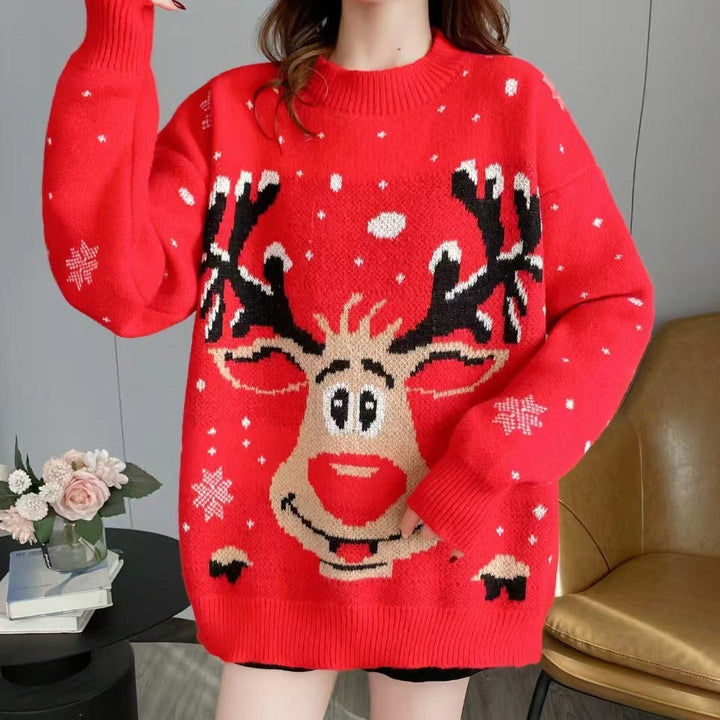 Women's Tacky Christmas Sweater Reindeer Graphic Festive Holiday Red