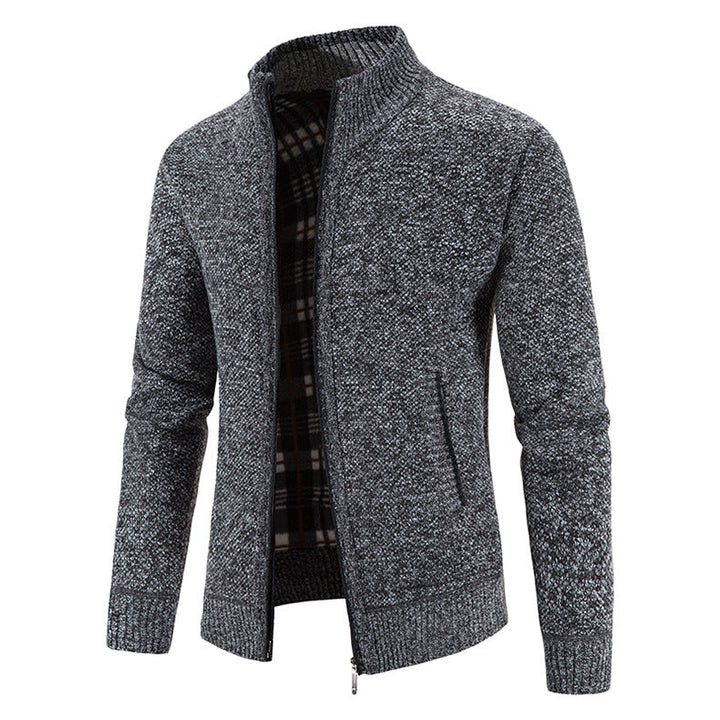 Men's Knit Cardigan Full-Zip Stand Collar Checked-Lined Zip-Pocket Slim