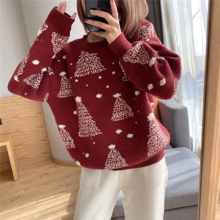 Women's Festive Christmas Sweater Tree Print Crewneck Oversized Holiday