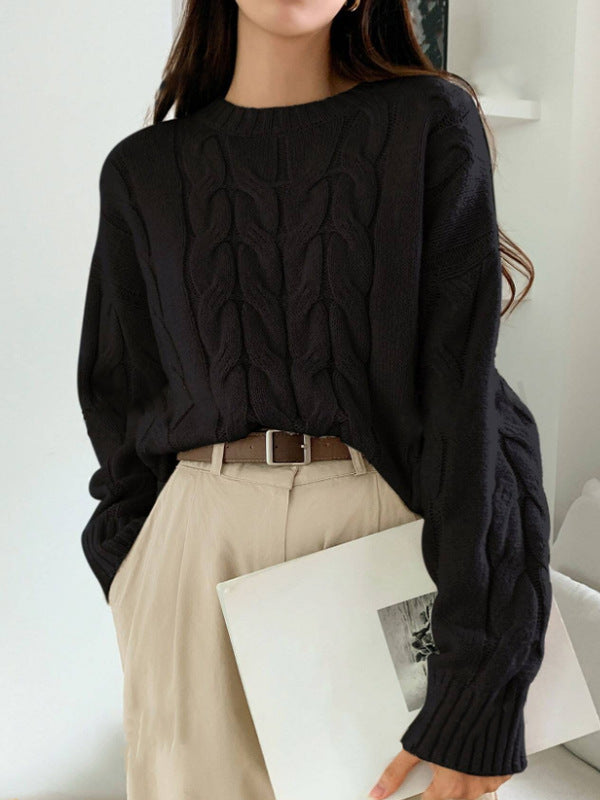 Women's Chunky Cable Knit Sweater Crewneck Drop-Shoulder Loose Relaxed Pullover