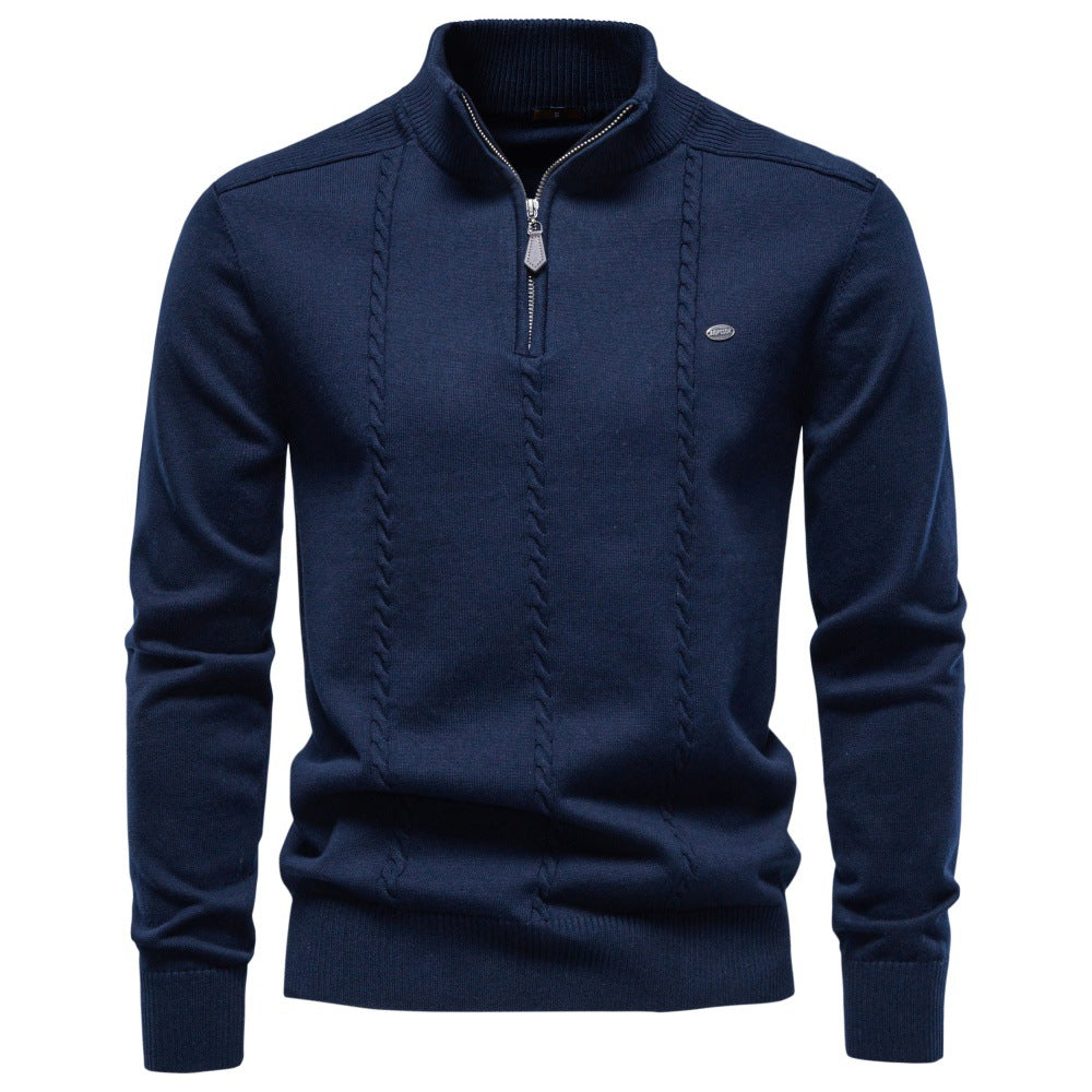 Men's Half-Zip Knit Sweater Vertical Cable Stand Collar Relaxed
