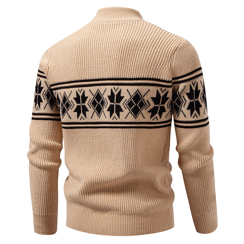 Men's Structured Knit Sweater Mock Neck Norwegian Snowflake Cable Textured