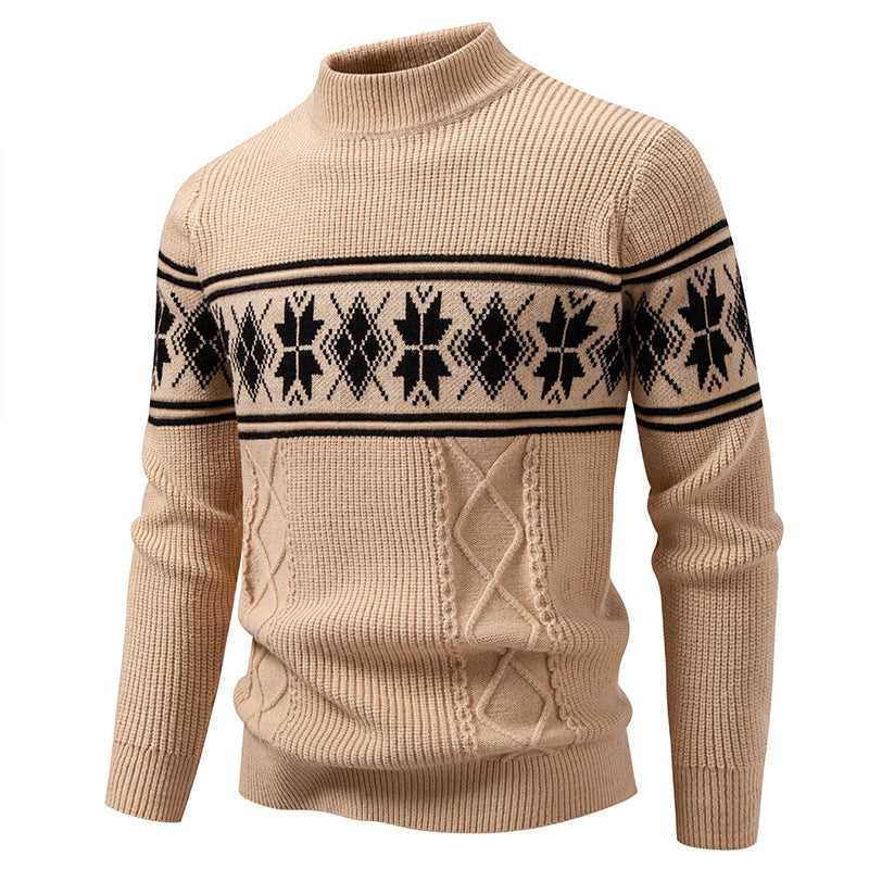 Men's Structured Knit Sweater Mock Neck Norwegian Snowflake Cable Textured