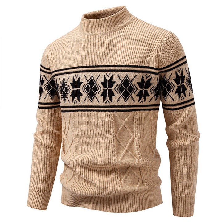 Men's Structured Knit Sweater Mock Neck Norwegian Snowflake Cable Textured
