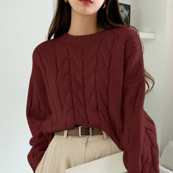 Women's Chunky Cable Knit Sweater Crewneck Drop-Shoulder Loose Relaxed Pullover