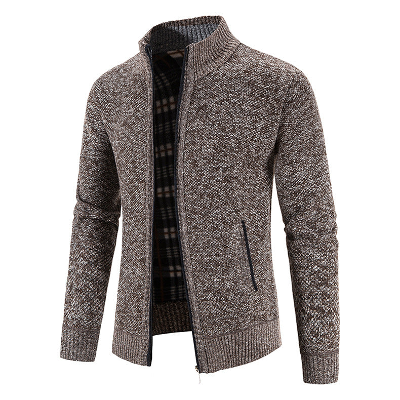 Men's Knit Cardigan Full-Zip Stand Collar Checked-Lined Zip-Pocket Slim