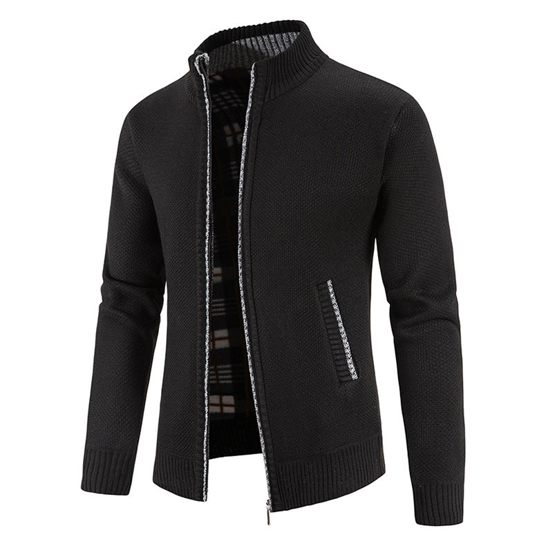 Men's Knit Cardigan Full-Zip Stand Collar Checked-Lined Zip-Pocket Slim