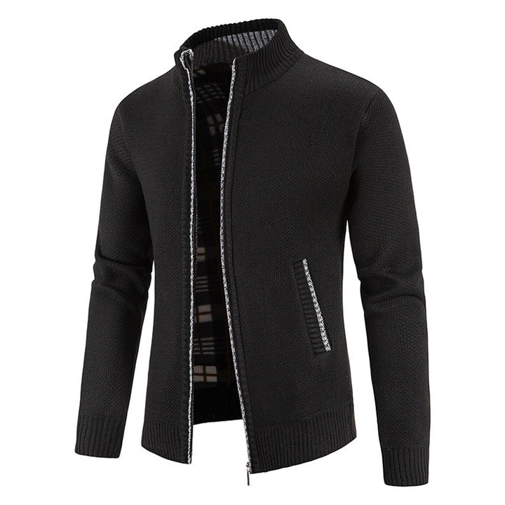 Men's Knit Cardigan Full-Zip Stand Collar Checked-Lined Zip-Pocket Slim