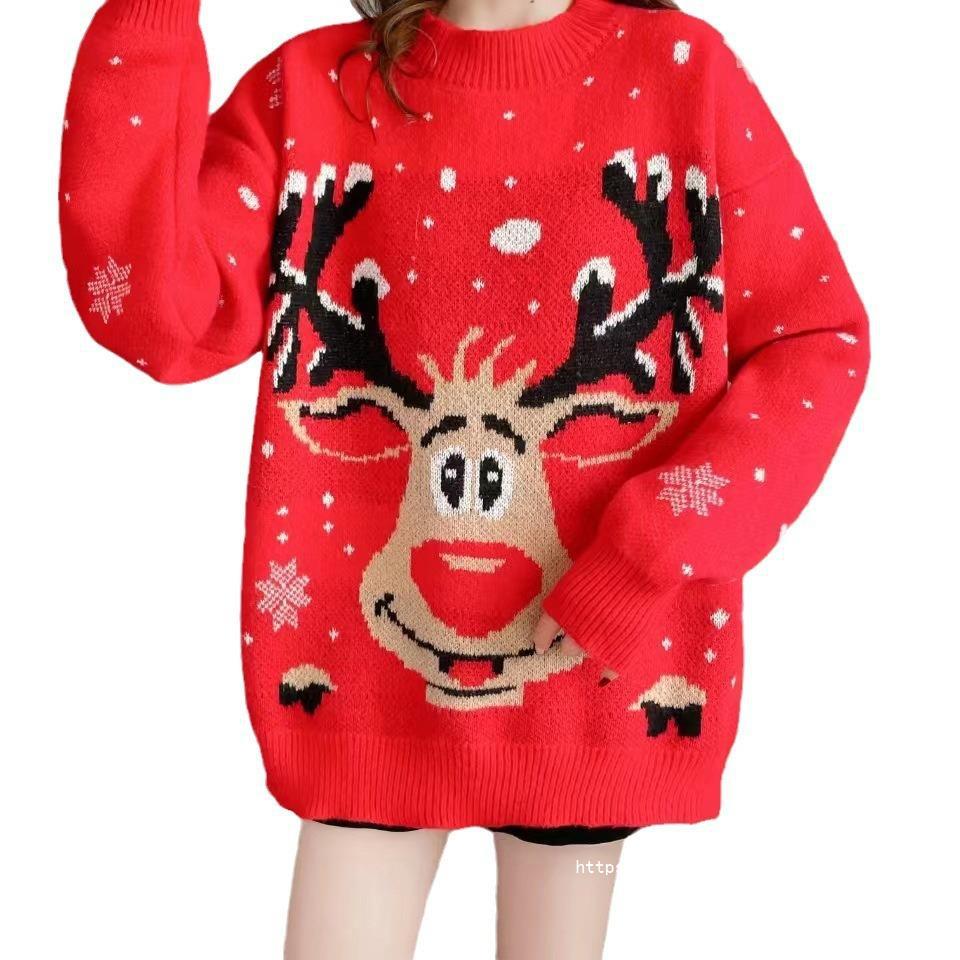 Women's Tacky Christmas Sweater Reindeer Graphic Festive Holiday Red