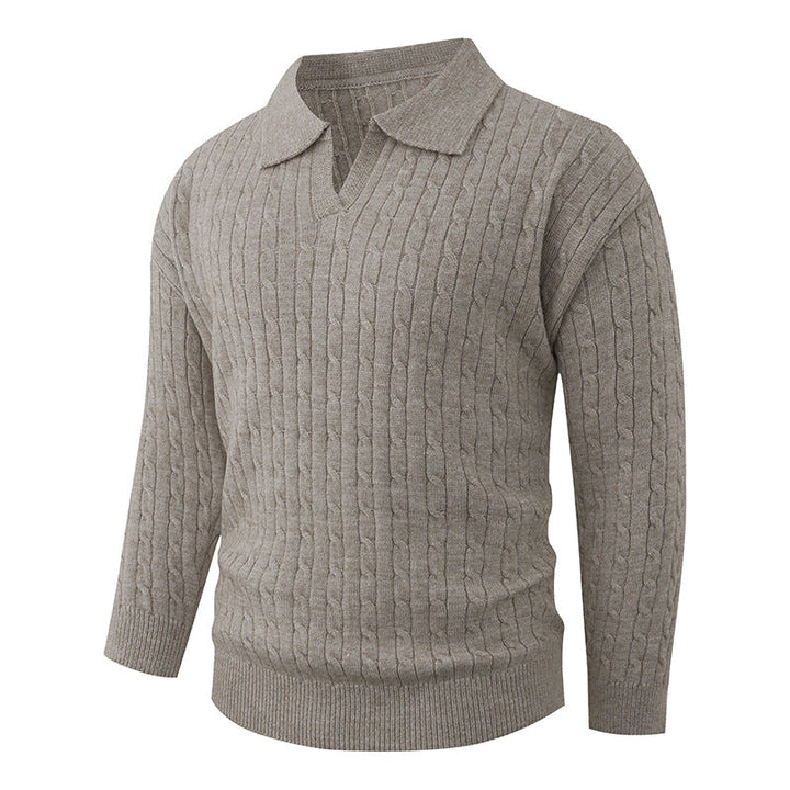 Men's Cable Knit Polo Sweater V-Neck Collared Textured Relaxed