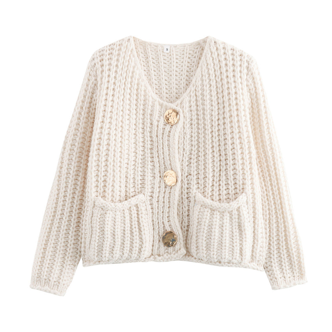 Women's Chunky Ribbed Knit Cardigan V-Neck Patch Pockets Statement Buttons