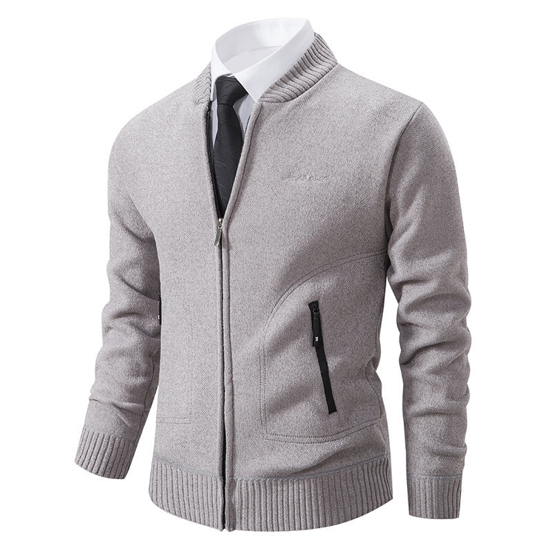 Men's Business Knit Cardigan Stand Collar Full-Zip Zip-Pocket Slim
