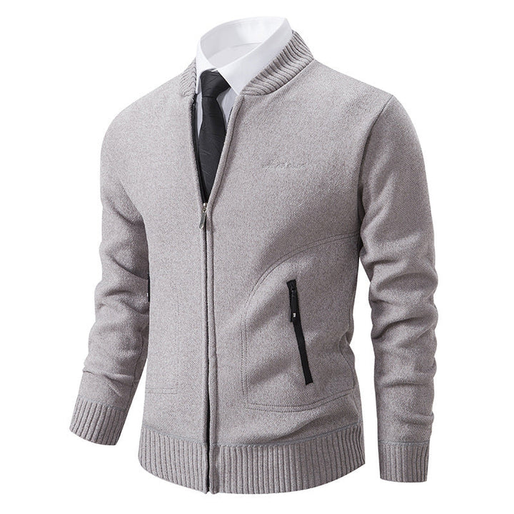 Men's Business Knit Cardigan Stand Collar Full-Zip Zip-Pocket Slim