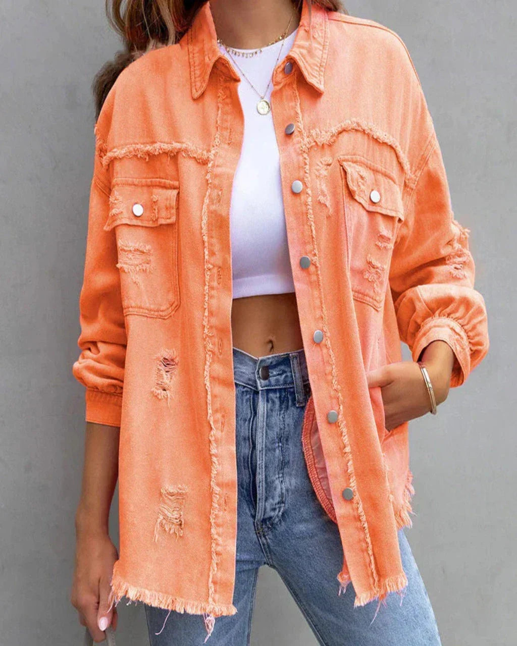 Women's Distressed Denim Jacket Oversized Raw-Edge Button-Up Frayed Relaxed