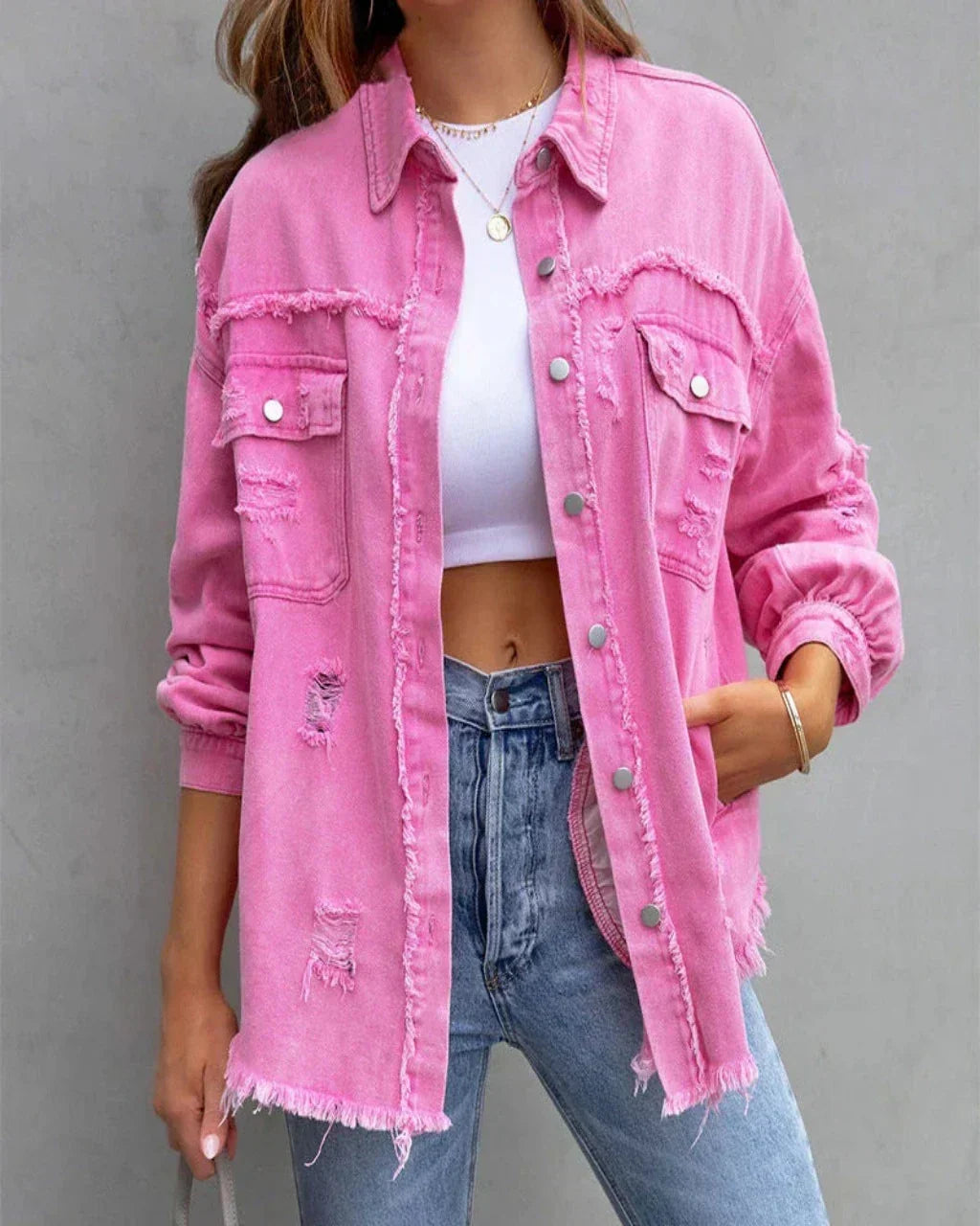Women's Distressed Denim Jacket Oversized Raw-Edge Button-Up Frayed Relaxed