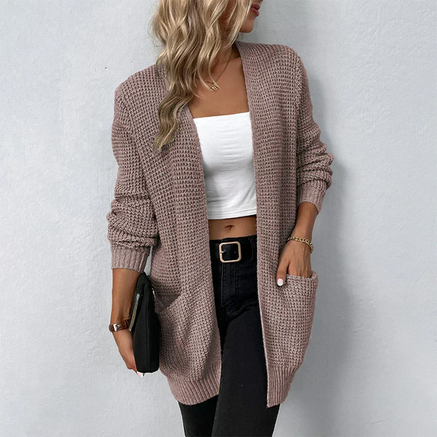 Women's Waffle Knit Open-Front Cardigan Drop-Shoulder Patch-Pocket Relaxed Longline
