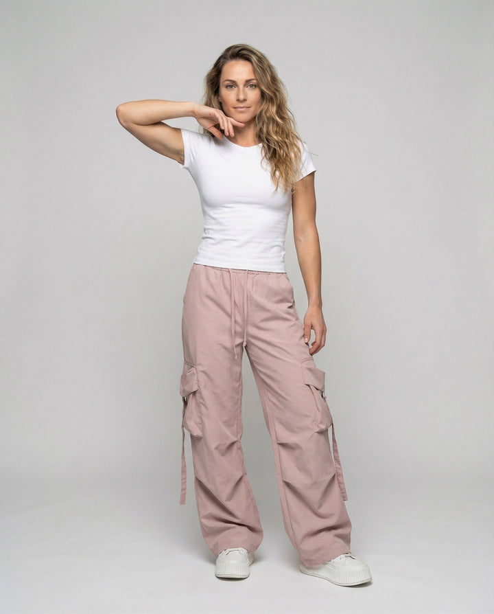 Women's Wide Leg Cargo Pants Parachute Flap Pockets Drawstring Side-Ties