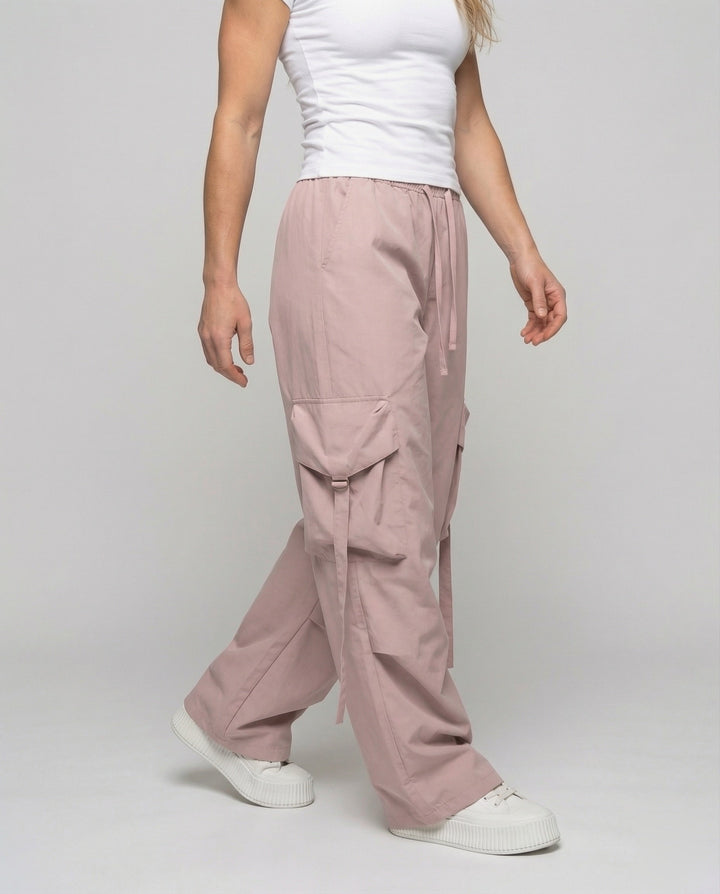 Women's Wide Leg Cargo Pants Parachute Flap Pockets Drawstring Side-Ties