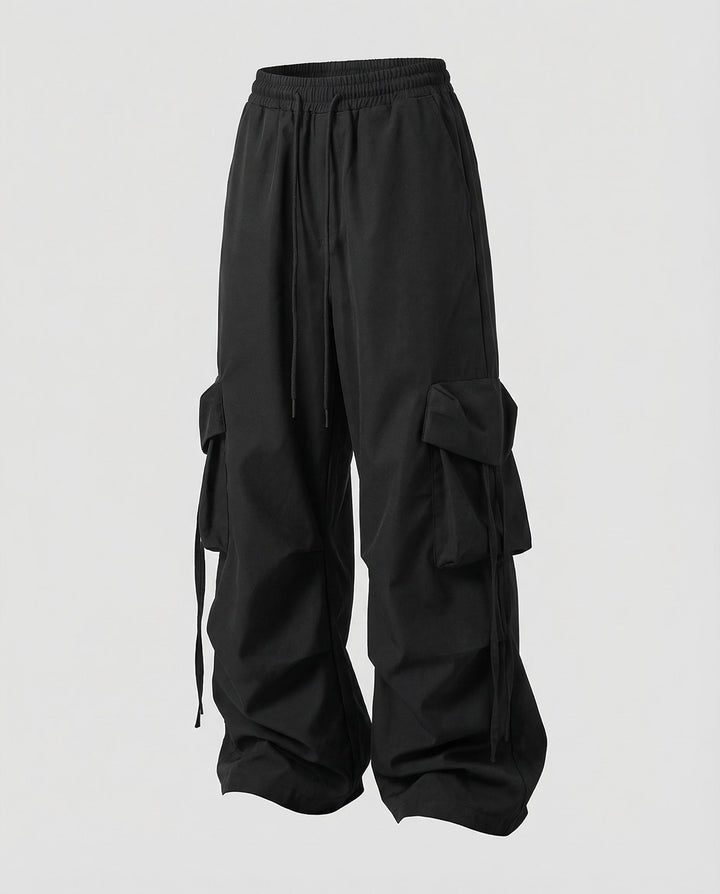 Women's Wide Leg Cargo Pants Parachute Flap Pockets Drawstring Side-Ties
