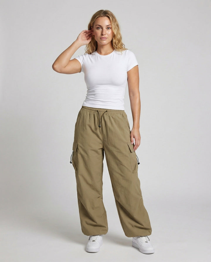 Women's Balloon Cargo Pants Wide Leg Drawstring Flap Pockets Parachute