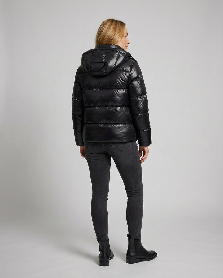 Women's Shiny Hooded Puffer Jacket Glossy Full-Zip Quilted Warm