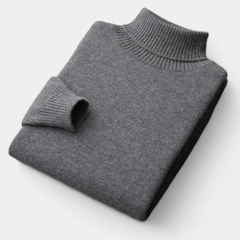 Men's Merino Wool Knit Sweater Roll-Neck Ribbed Long-Sleeve Pullover Winter