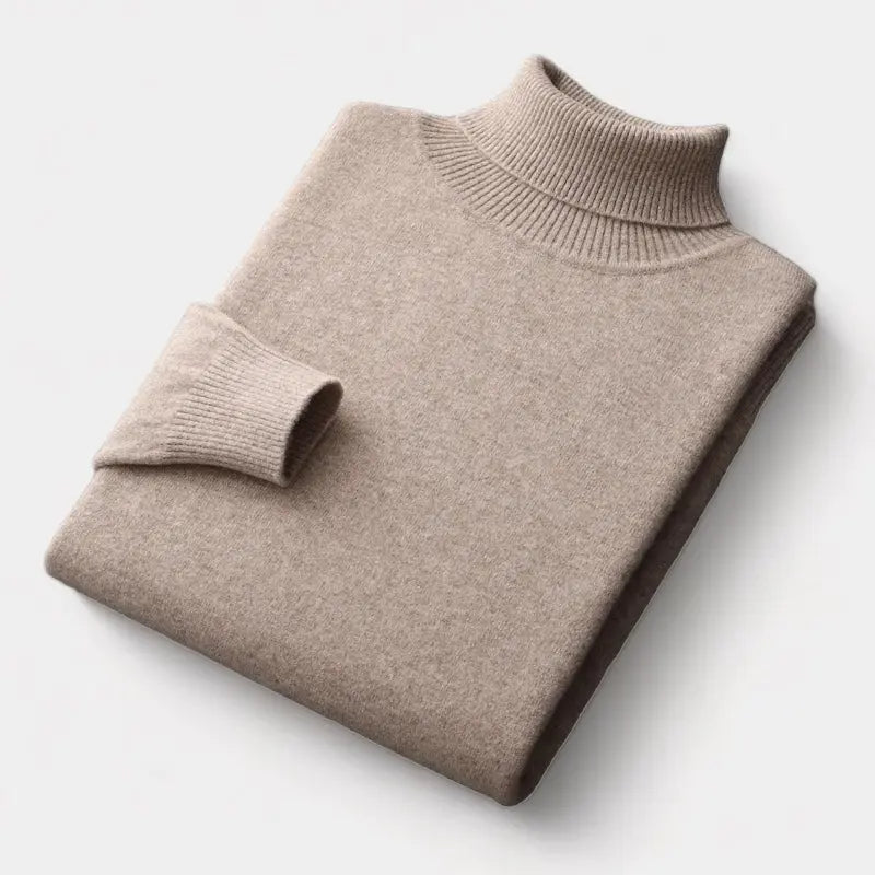 Men's Merino Wool Knit Sweater Roll-Neck Ribbed Long-Sleeve Pullover Winter