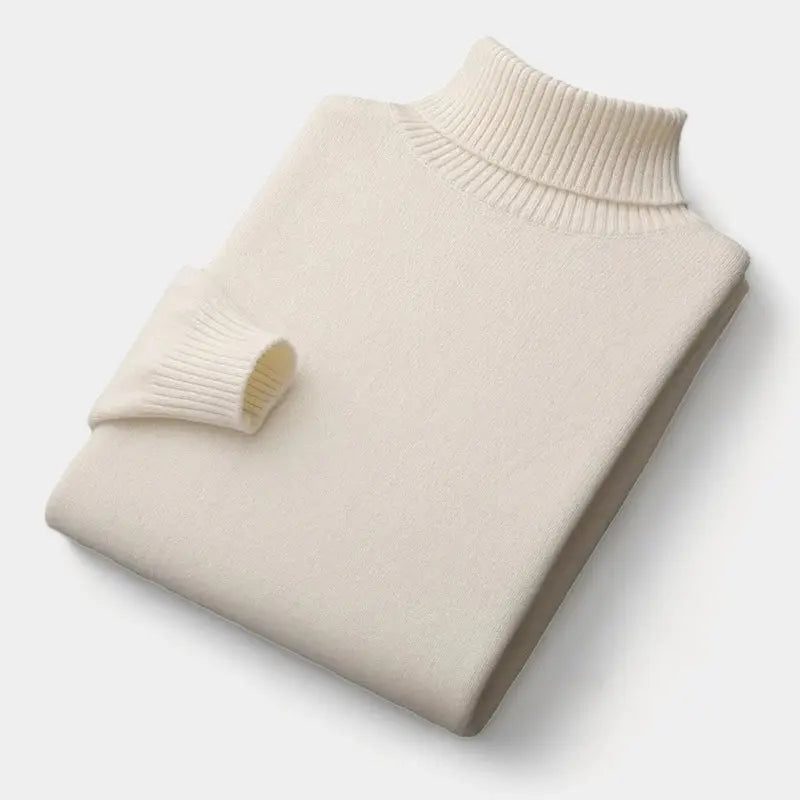 Men's Merino Wool Knit Sweater Roll-Neck Ribbed Long-Sleeve Pullover Winter