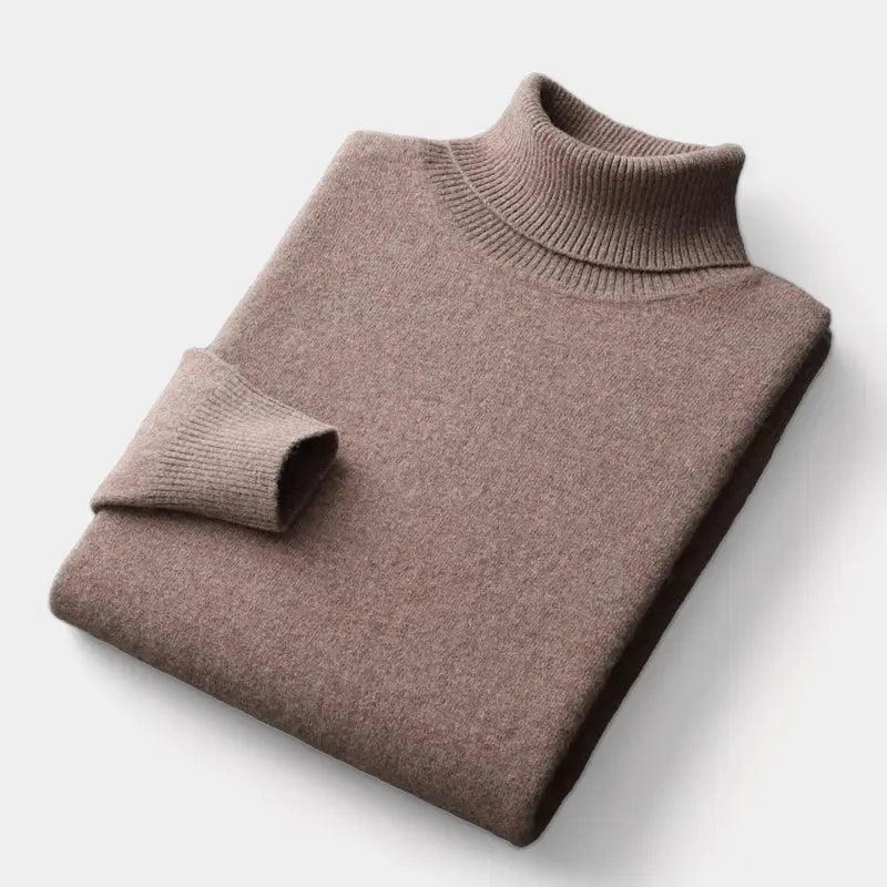 Men's Merino Wool Knit Sweater Roll-Neck Ribbed Long-Sleeve Pullover Winter