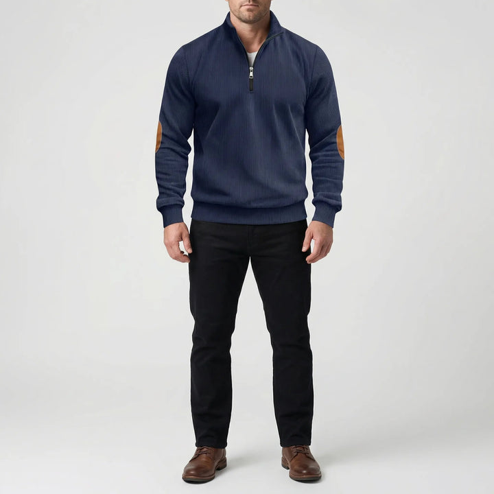 Men's Quarter-Zip Knit Sweater Ribbed Stand Collar Suede Elbow Patch