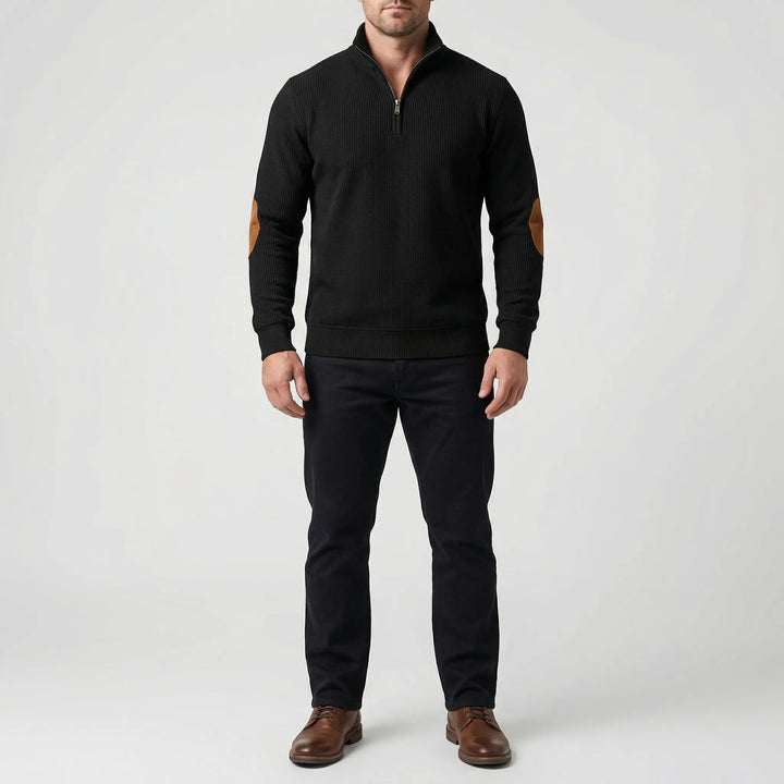 Men's Quarter-Zip Knit Sweater Ribbed Stand Collar Suede Elbow Patch