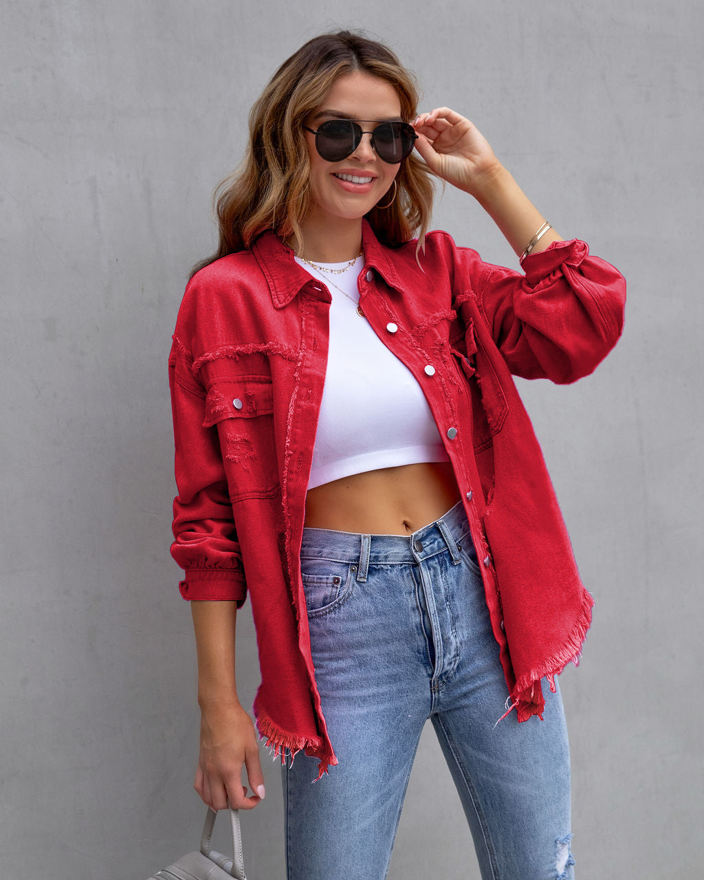 Women's Distressed Denim Jacket Oversized Raw-Edge Button-Up Frayed Relaxed