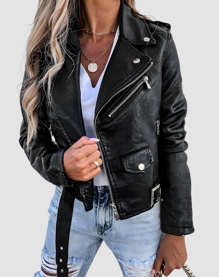 Women's Faux Leather Moto Biker Jacket Zip-Up Asymmetric Notch Lapel
