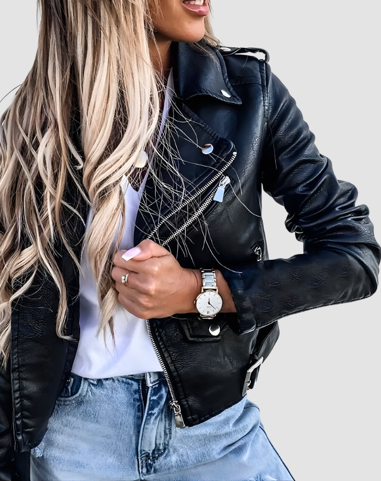 Women's Faux Leather Moto Biker Jacket Zip-Up Asymmetric Notch Lapel