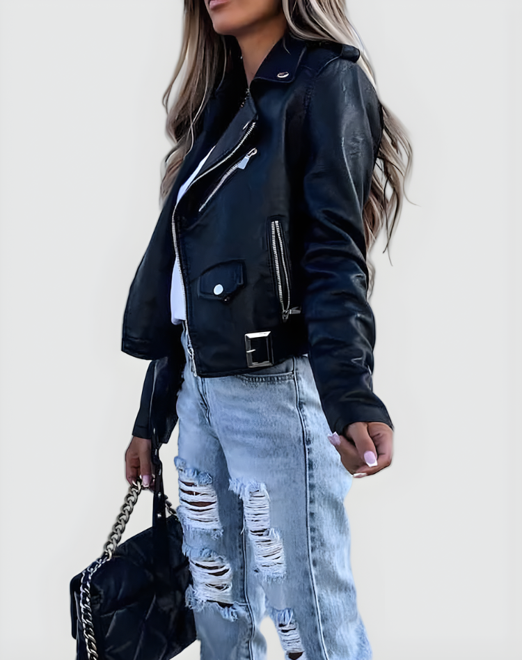 Women's Faux Leather Moto Biker Jacket Zip-Up Asymmetric Notch Lapel