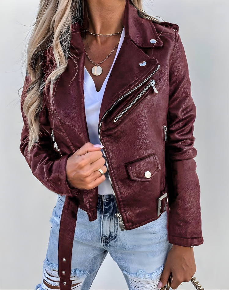 Women's Faux Leather Moto Biker Jacket Zip-Up Asymmetric Notch Lapel