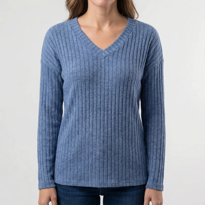 Women's Ribbed Knit Top V-Neck Long-Sleeve Fitted Slim Pullover Basic Stretch