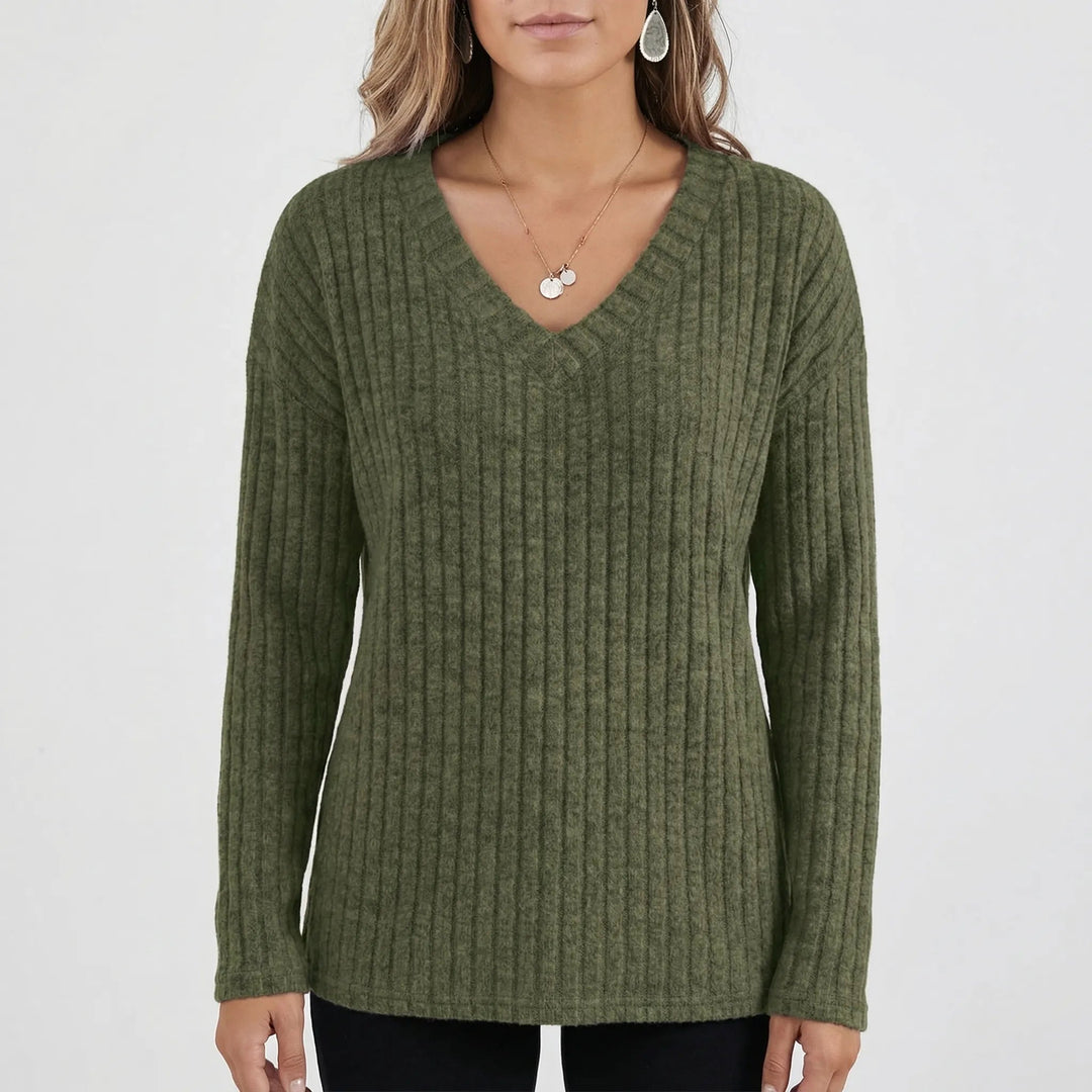 Women's Ribbed Knit Top V-Neck Long-Sleeve Fitted Slim Pullover Basic Stretch