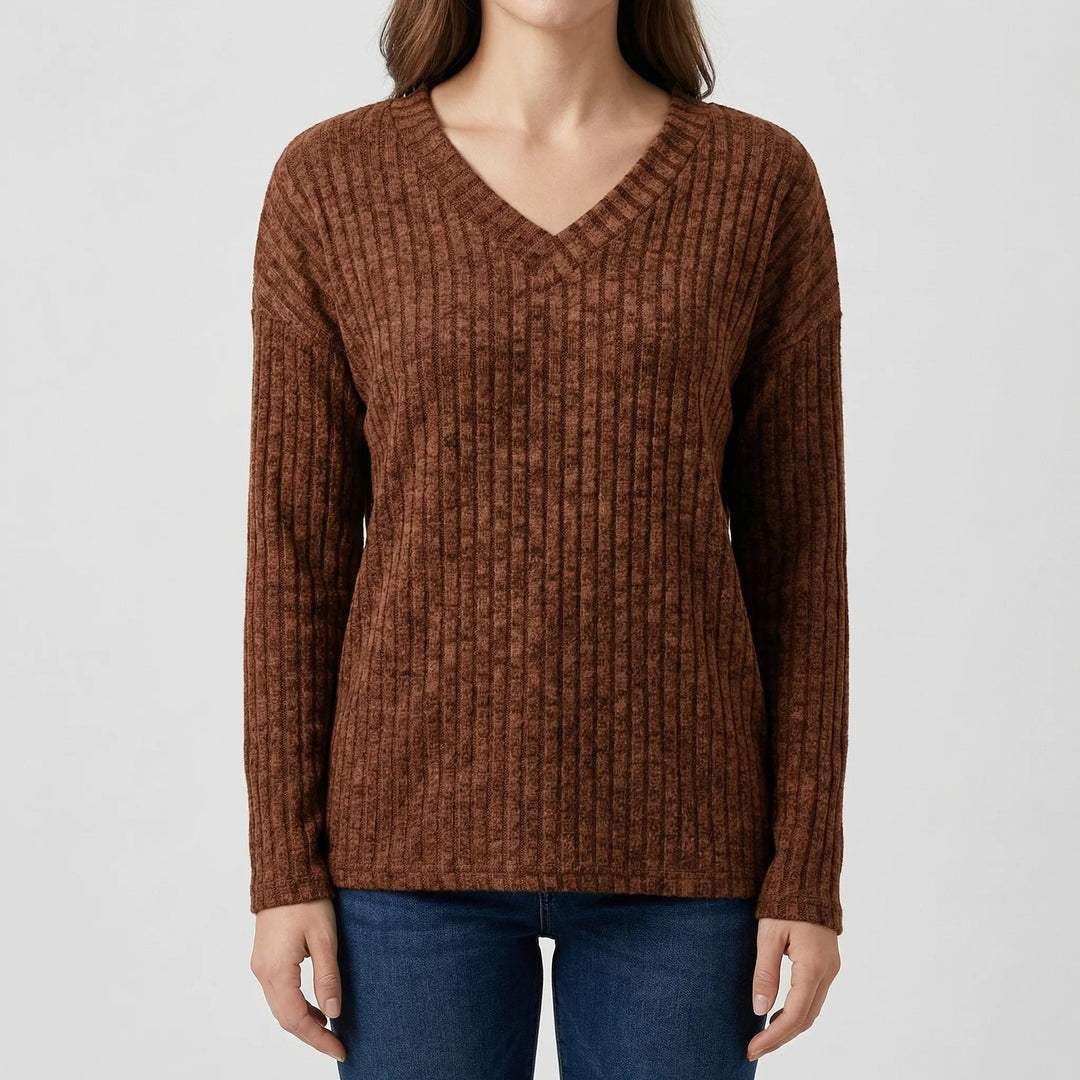 Women's Ribbed Knit Top V-Neck Long-Sleeve Fitted Slim Pullover Basic Stretch