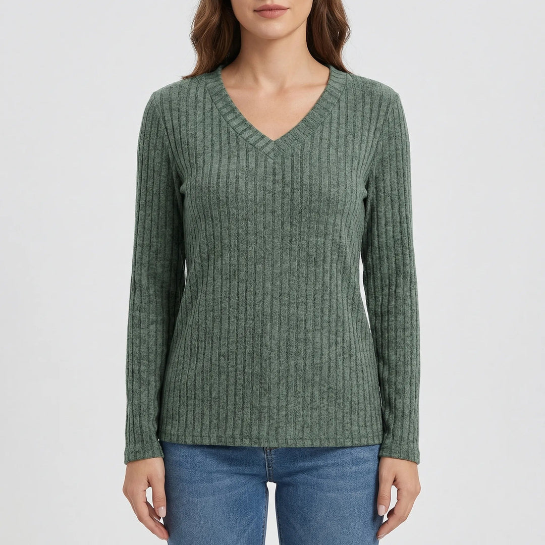 Women's Ribbed Knit Top V-Neck Long-Sleeve Fitted Slim Pullover Basic Stretch