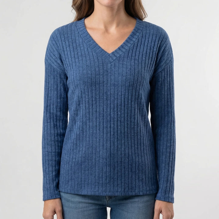 Women's Ribbed Knit Top V-Neck Long-Sleeve Fitted Slim Pullover Basic Stretch