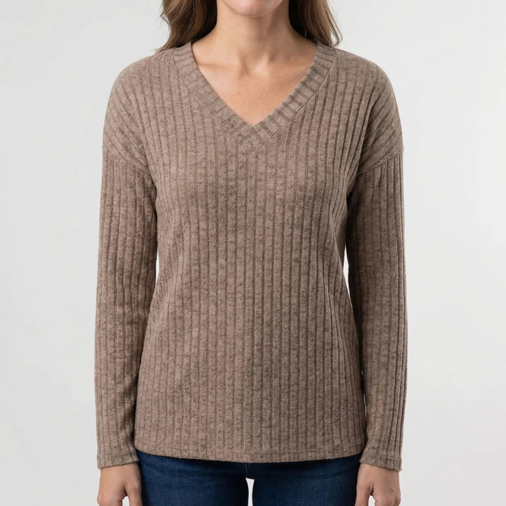 Women's Ribbed Knit Top V-Neck Long-Sleeve Fitted Slim Pullover Basic Stretch