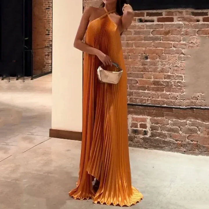 Women's Pleated Maxi Dress Halter Neck Flowy Sleeveless Elegant Orange