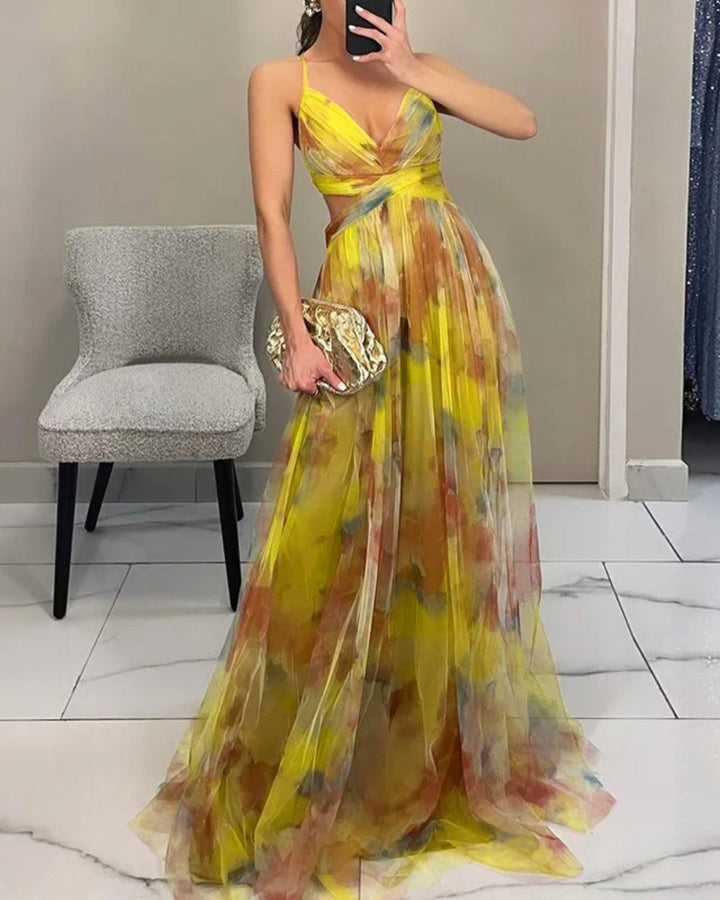 Women's Floral Tulle Maxi Dress V-Neck Spaghetti-Strap Flowy Elegant Summer